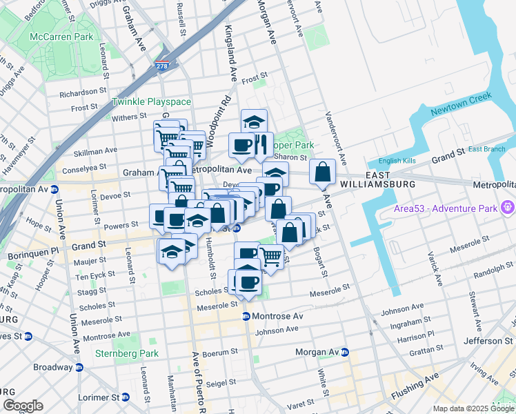 map of restaurants, bars, coffee shops, grocery stores, and more near 182 Powers Street in Brooklyn