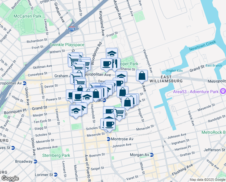 map of restaurants, bars, coffee shops, grocery stores, and more near 182 Powers Street in Brooklyn