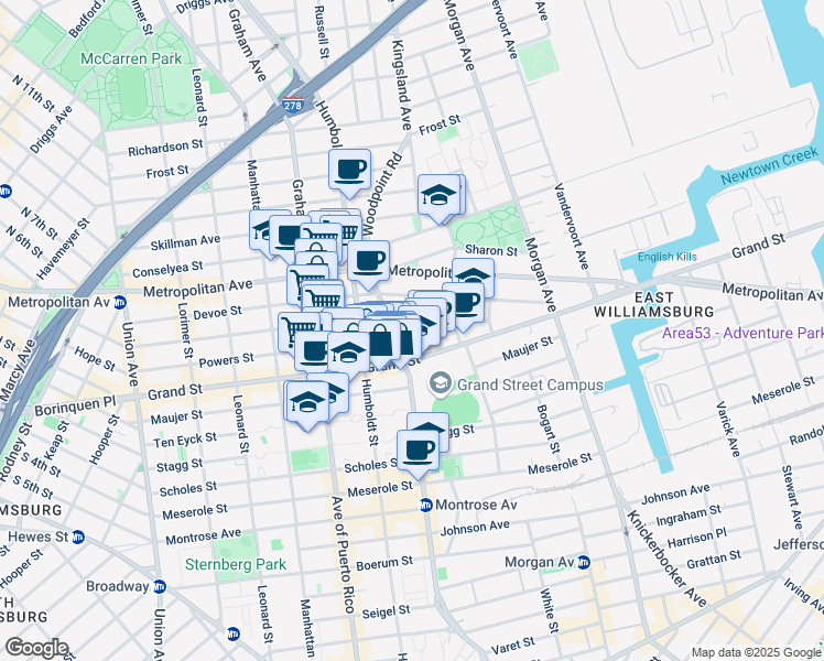 map of restaurants, bars, coffee shops, grocery stores, and more near 65 Bushwick Avenue in Brooklyn