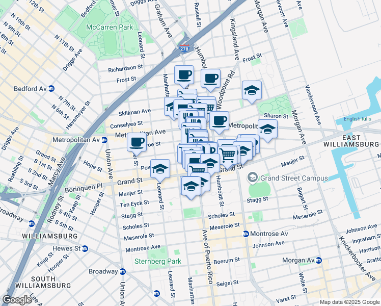 map of restaurants, bars, coffee shops, grocery stores, and more near 260 Ainslie Street in Brooklyn
