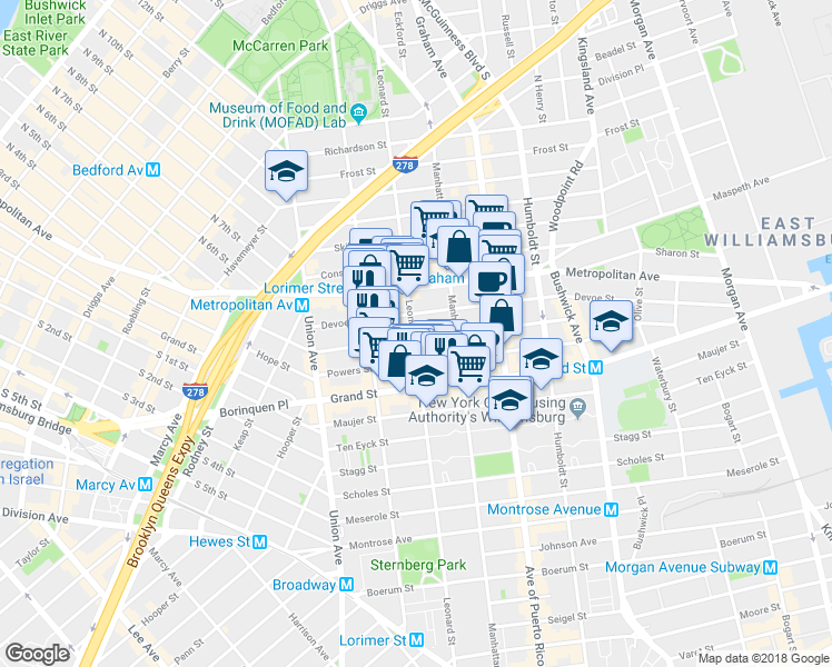 map of restaurants, bars, coffee shops, grocery stores, and more near 179 Ainslie Street in Brooklyn