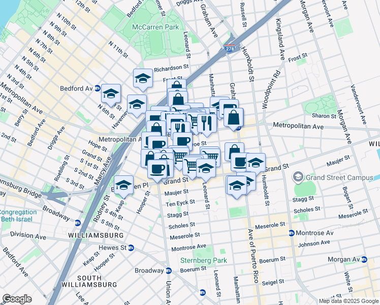 map of restaurants, bars, coffee shops, grocery stores, and more near 149 Ainslie Street in Brooklyn