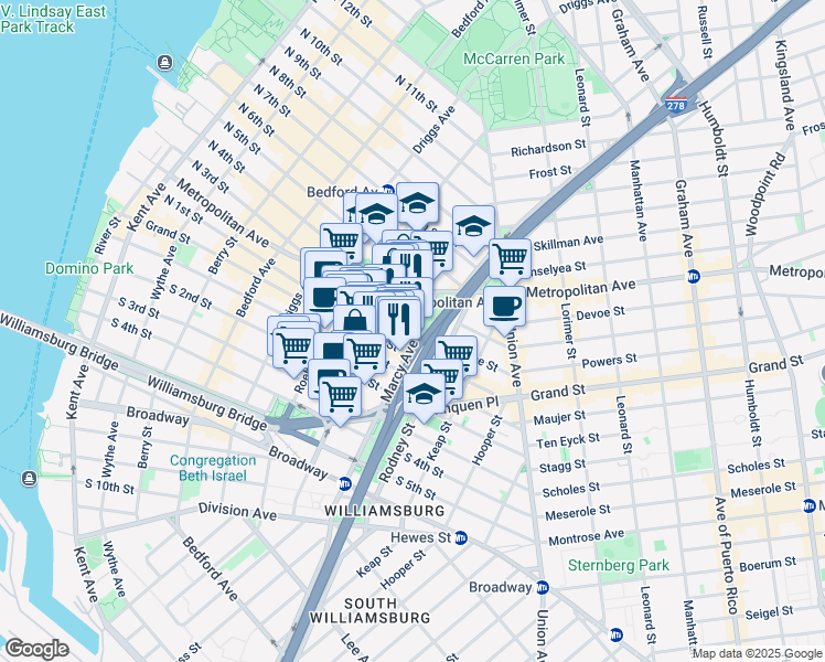 map of restaurants, bars, coffee shops, grocery stores, and more near 62 Hope Street in Brooklyn