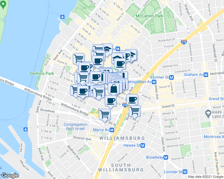 map of restaurants, bars, coffee shops, grocery stores, and more near 131 Havemeyer Street in Brooklyn