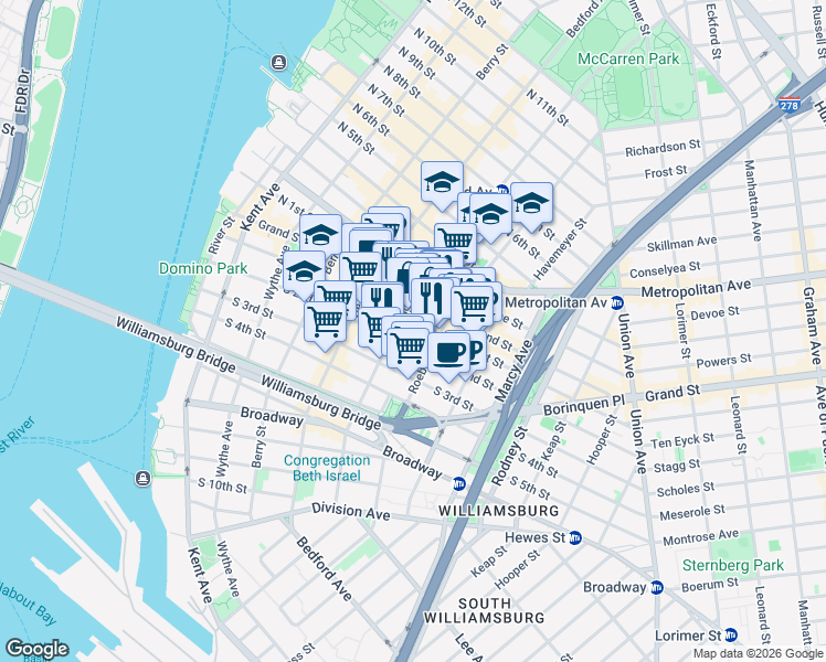 map of restaurants, bars, coffee shops, grocery stores, and more near 175 Roebling Street in Brooklyn