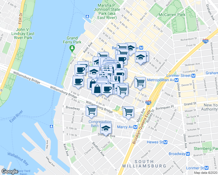 map of restaurants, bars, coffee shops, grocery stores, and more near in Brooklyn