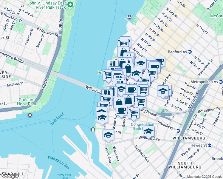 map of restaurants, bars, coffee shops, grocery stores, and more near 2 South 5th Street in Brooklyn