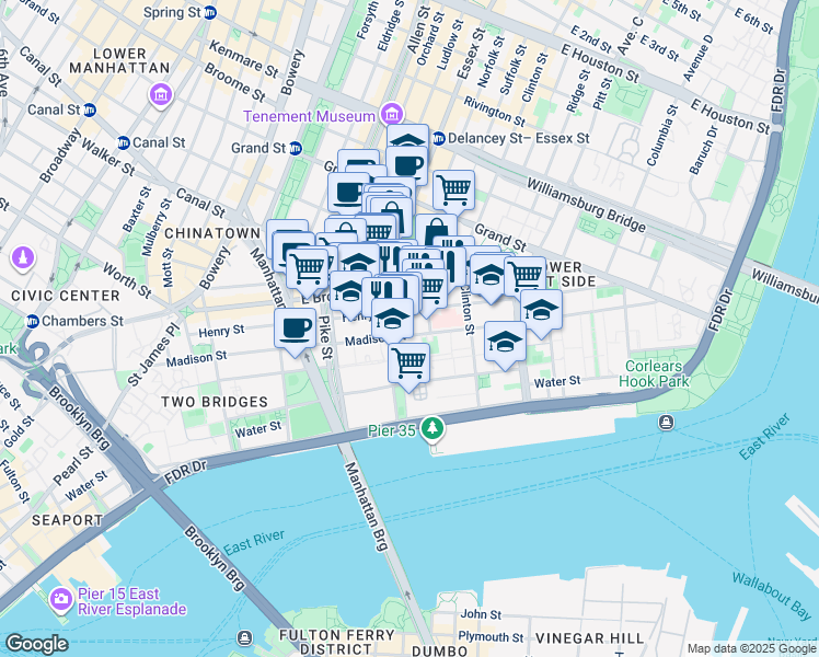 map of restaurants, bars, coffee shops, grocery stores, and more near 219 Madison Street in New York