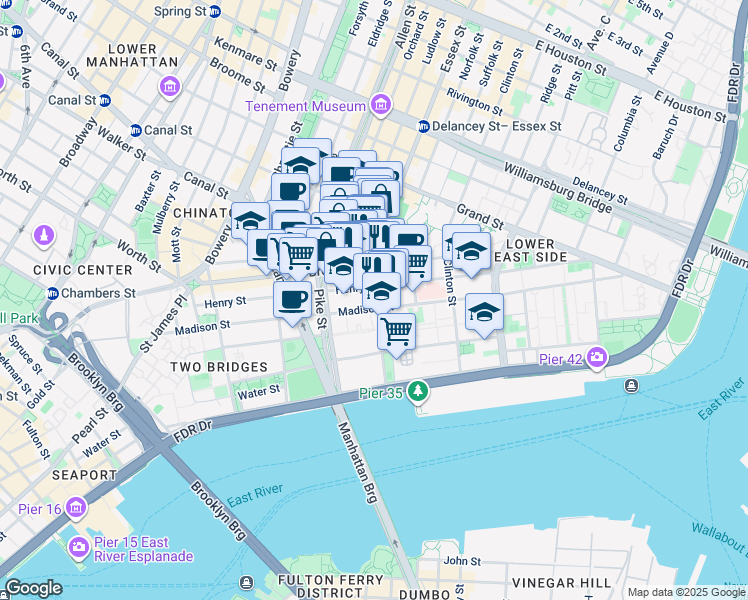 map of restaurants, bars, coffee shops, grocery stores, and more near 26 Rutgers Street in New York