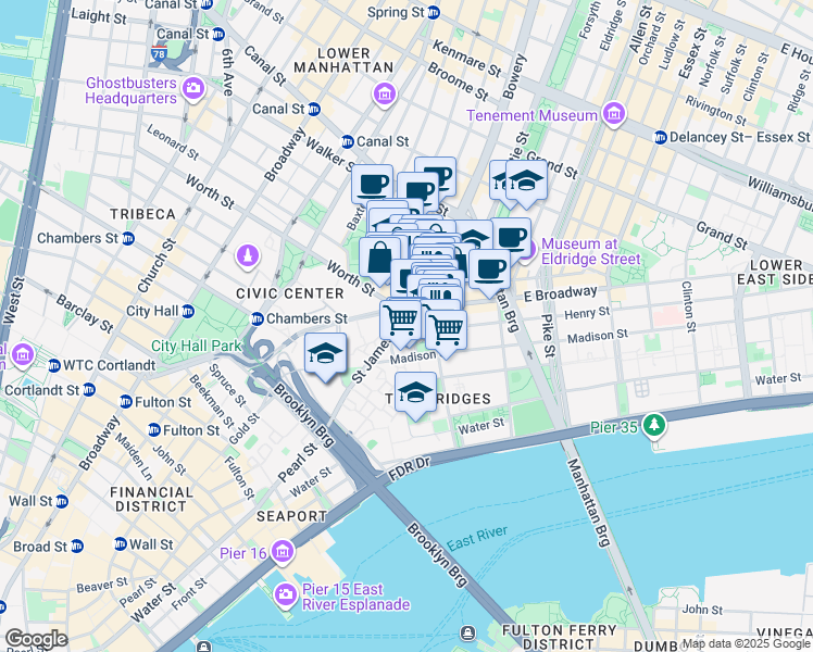map of restaurants, bars, coffee shops, grocery stores, and more near 4 Oliver Street in New York