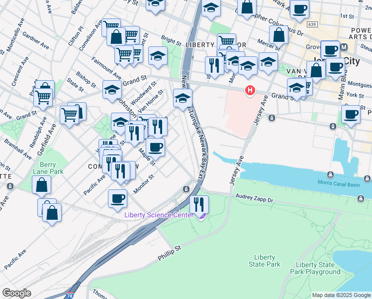 map of restaurants, bars, coffee shops, grocery stores, and more near 125 Monitor Street in Jersey City