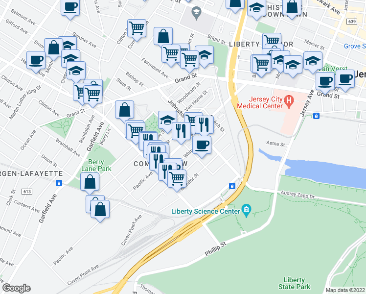 map of restaurants, bars, coffee shops, grocery stores, and more near 361 Whiton Street in Jersey City