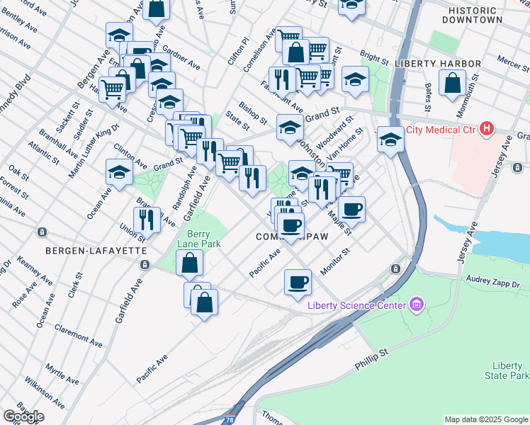 map of restaurants, bars, coffee shops, grocery stores, and more near 392 Communipaw Avenue in Jersey City