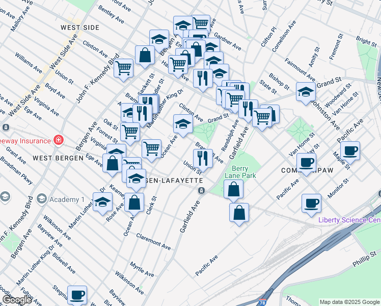 map of restaurants, bars, coffee shops, grocery stores, and more near 471 Bramhall Avenue in Jersey City