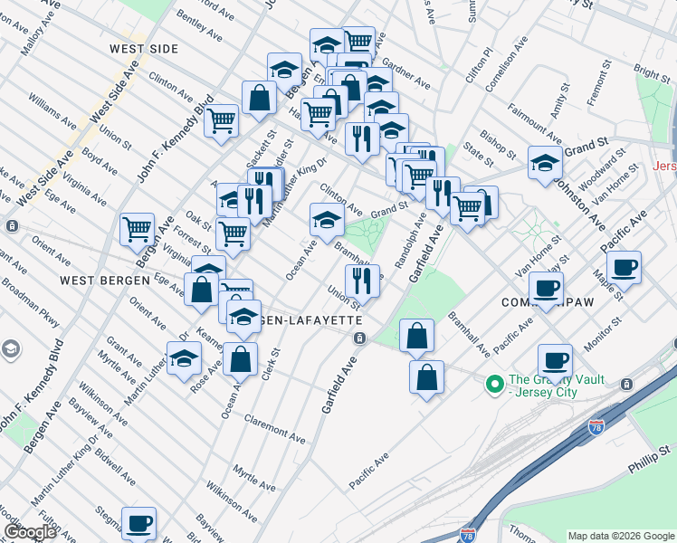 map of restaurants, bars, coffee shops, grocery stores, and more near 471 Bramhall Avenue in Jersey City