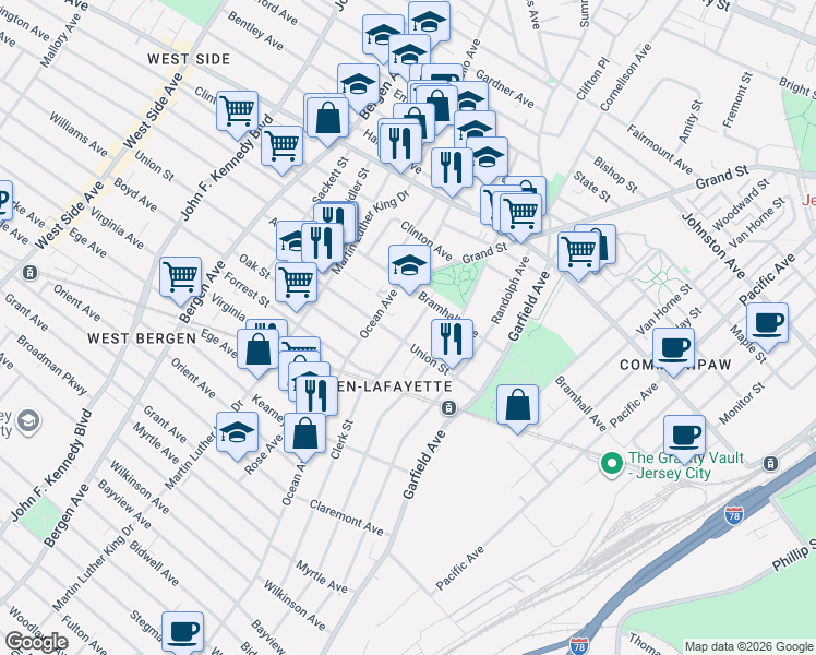 map of restaurants, bars, coffee shops, grocery stores, and more near 68 Union Street in Jersey City