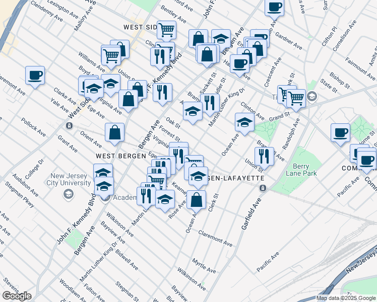 map of restaurants, bars, coffee shops, grocery stores, and more near 315 Forrest Street in Jersey City