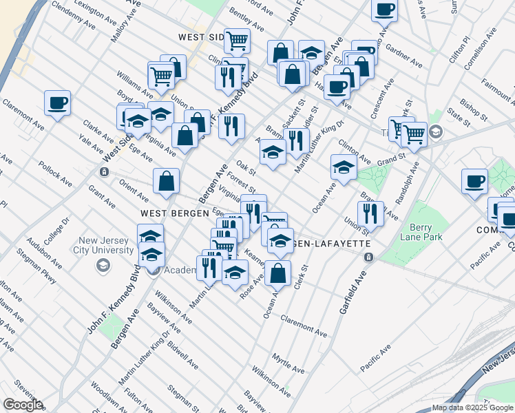 map of restaurants, bars, coffee shops, grocery stores, and more near 315 Forrest Street in Jersey City