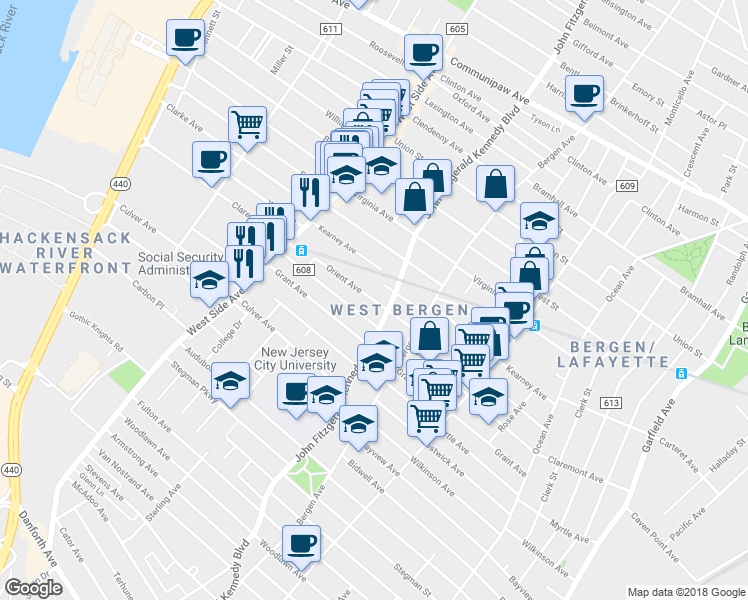 map of restaurants, bars, coffee shops, grocery stores, and more near 207 Orient Avenue in Jersey City