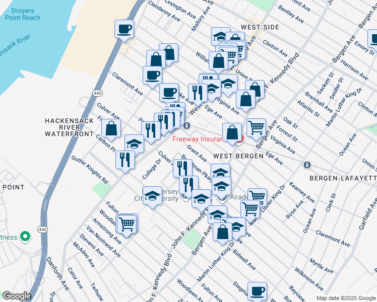 map of restaurants, bars, coffee shops, grocery stores, and more near 74 Broadman Parkway in Jersey City