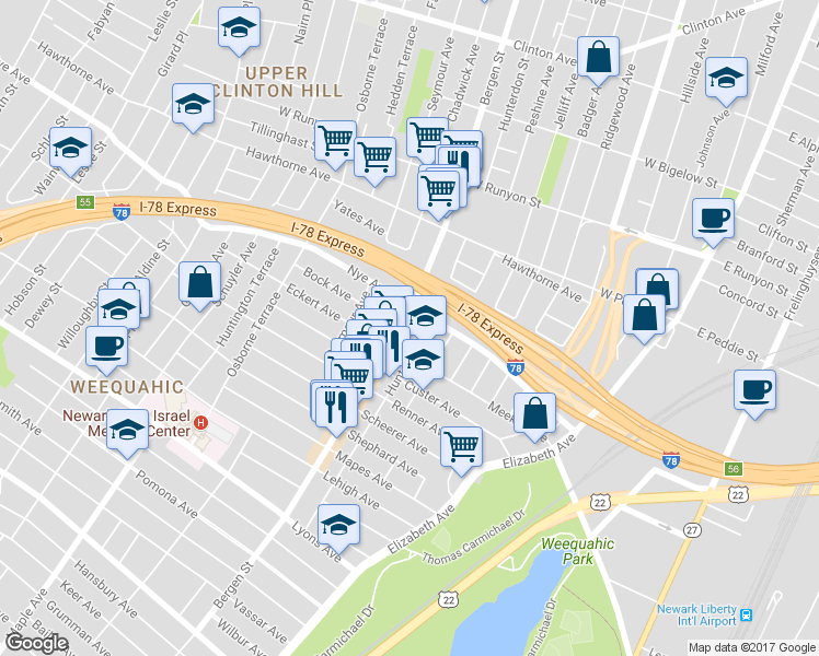 map of restaurants, bars, coffee shops, grocery stores, and more near in Newark