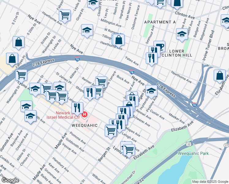 map of restaurants, bars, coffee shops, grocery stores, and more near 207 Custer Avenue in Newark