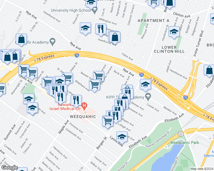 map of restaurants, bars, coffee shops, grocery stores, and more near 249 Renner Avenue in Newark