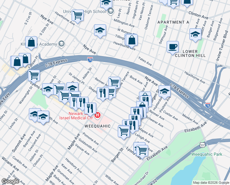 map of restaurants, bars, coffee shops, grocery stores, and more near 249 Renner Avenue in Newark