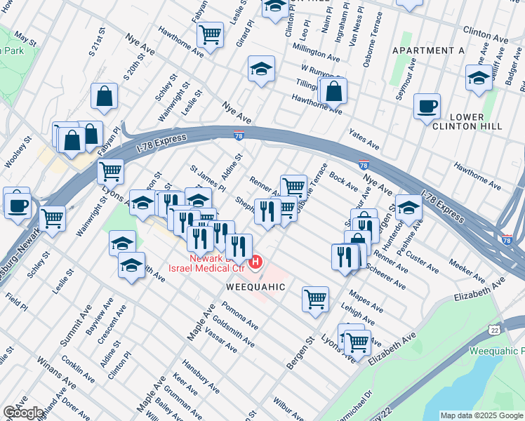 map of restaurants, bars, coffee shops, grocery stores, and more near in Newark