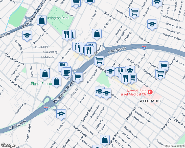 map of restaurants, bars, coffee shops, grocery stores, and more near 248 Schley Street in Newark