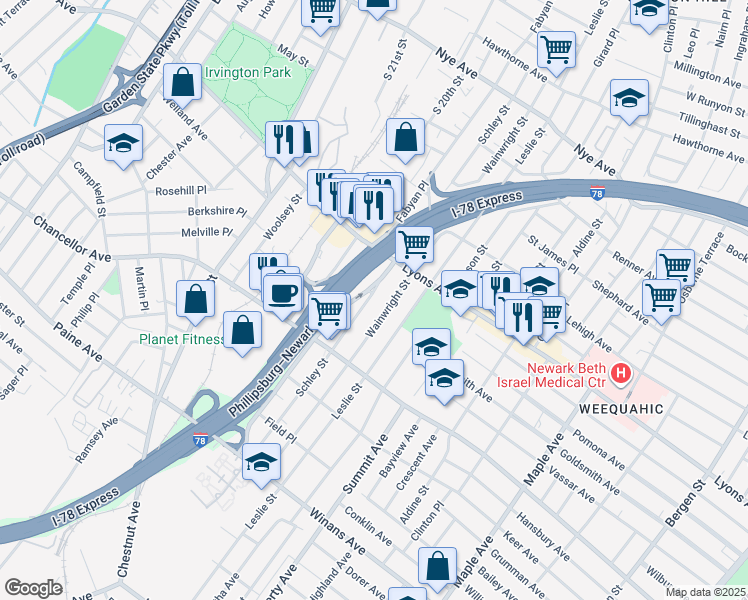 map of restaurants, bars, coffee shops, grocery stores, and more near 248 Schley Street in Newark
