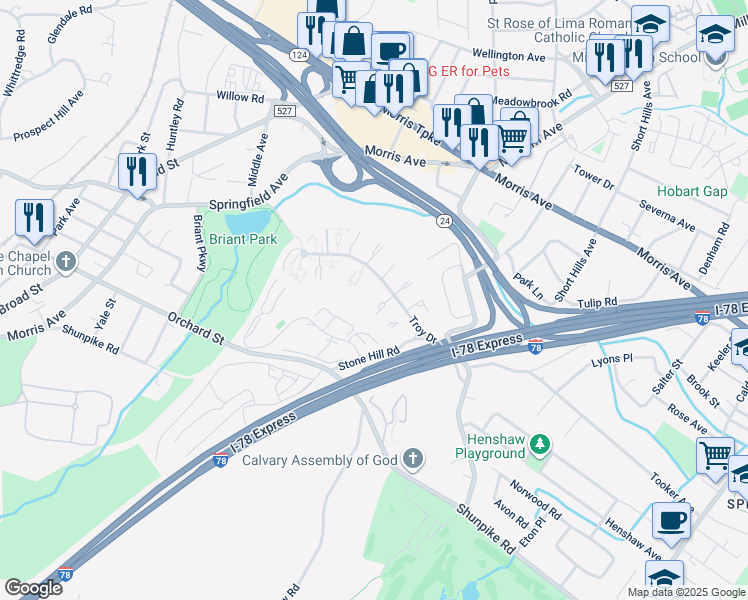 map of restaurants, bars, coffee shops, grocery stores, and more near 32A Troy Drive in Springfield
