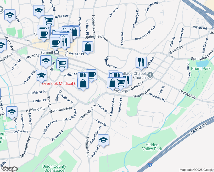 map of restaurants, bars, coffee shops, grocery stores, and more near 12 Denman Place in Summit
