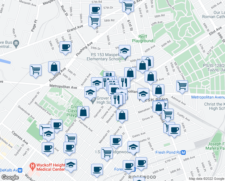 map of restaurants, bars, coffee shops, grocery stores, and more near Metropolitan Avenue & Forest Avenue in Queens