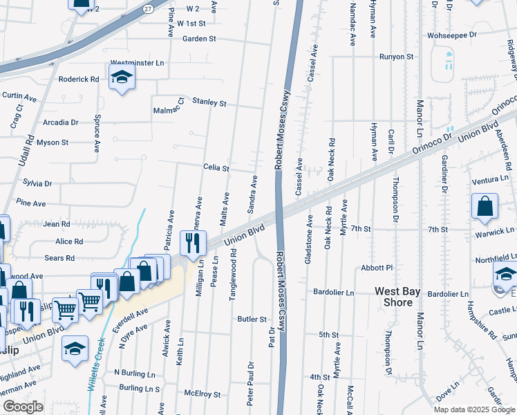 map of restaurants, bars, coffee shops, grocery stores, and more near 615 Sandra Avenue in West Islip