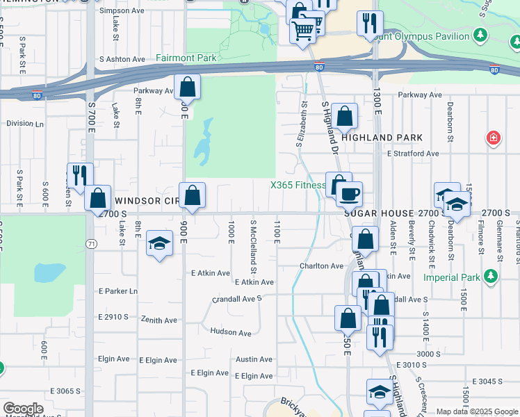 map of restaurants, bars, coffee shops, grocery stores, and more near 1055 East 2700 South in Salt Lake City