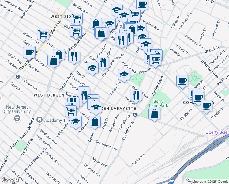 map of restaurants, bars, coffee shops, grocery stores, and more near 800 Ocean Avenue in Jersey City