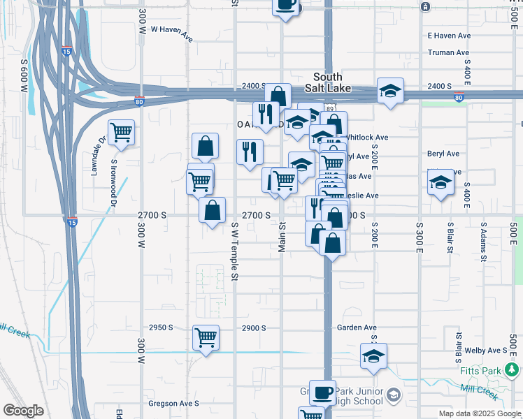 map of restaurants, bars, coffee shops, grocery stores, and more near 36 West 2700 South in South Salt Lake
