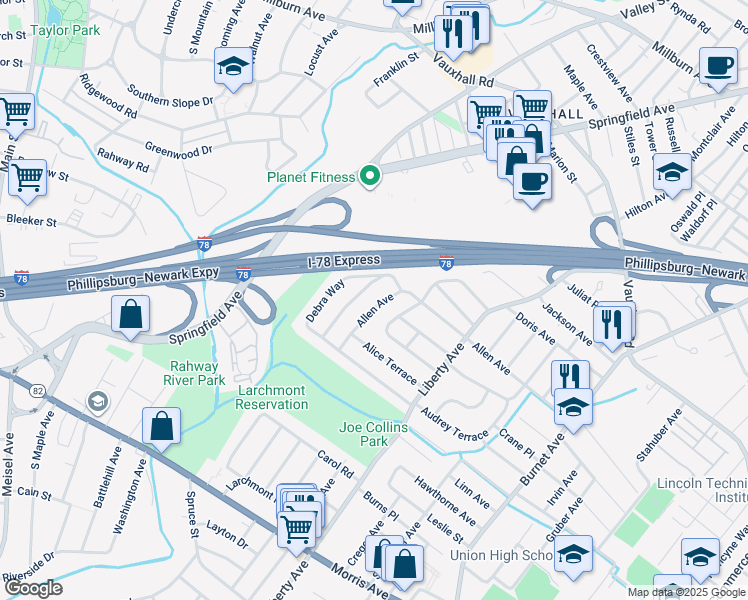 map of restaurants, bars, coffee shops, grocery stores, and more near 2803 Allen Avenue in Union