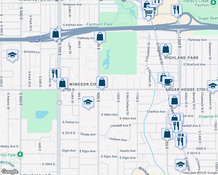 map of restaurants, bars, coffee shops, grocery stores, and more near 947 East 2700 South in Salt Lake City