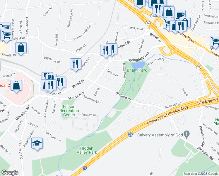 map of restaurants, bars, coffee shops, grocery stores, and more near 112 Orchard Street in Summit