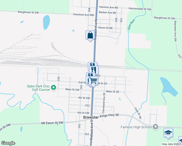 map of restaurants, bars, coffee shops, grocery stores, and more near 45 Wabash Avenue South in Brewster