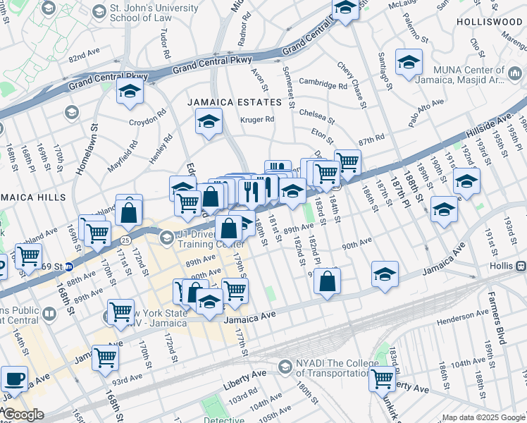 map of restaurants, bars, coffee shops, grocery stores, and more near 180-14 Hillside Avenue in Queens