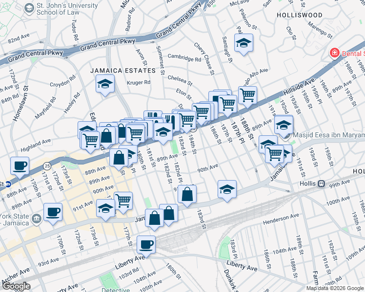 map of restaurants, bars, coffee shops, grocery stores, and more near 88-24 183rd Street in Queens