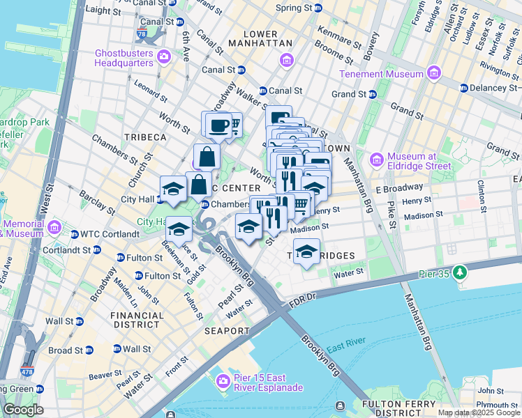 map of restaurants, bars, coffee shops, grocery stores, and more near 165 Park Row in New York