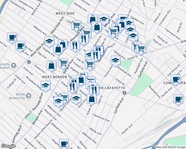 map of restaurants, bars, coffee shops, grocery stores, and more near 31 Oak Street in Jersey City