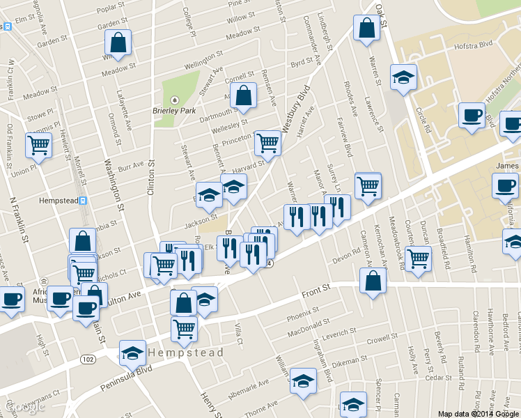 map of restaurants, bars, coffee shops, grocery stores, and more near 79 Vermont Avenue in Hempstead