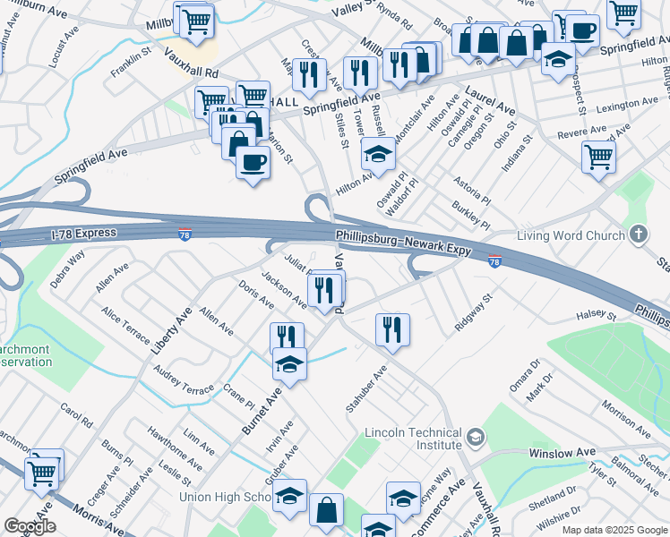map of restaurants, bars, coffee shops, grocery stores, and more near 2602 Vauxhall Road in Union