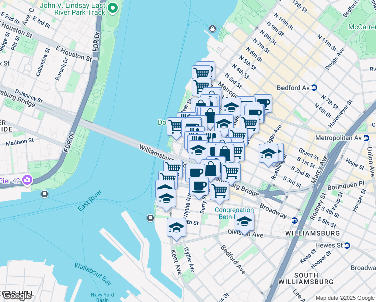 map of restaurants, bars, coffee shops, grocery stores, and more near 36-46 South 4th Street in Brooklyn