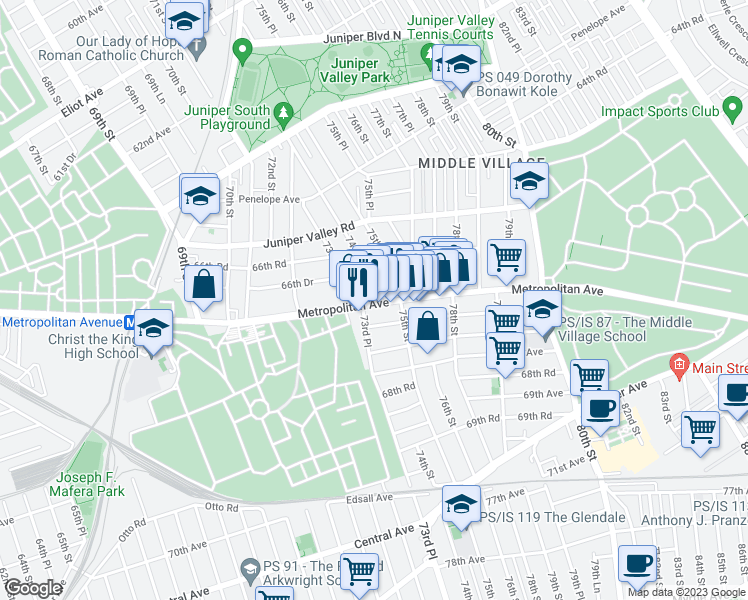 map of restaurants, bars, coffee shops, grocery stores, and more near 73-13 Metropolitan Avenue in Queens